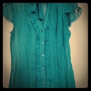 Teal Short Sleeved Button Down Blouse with Tie